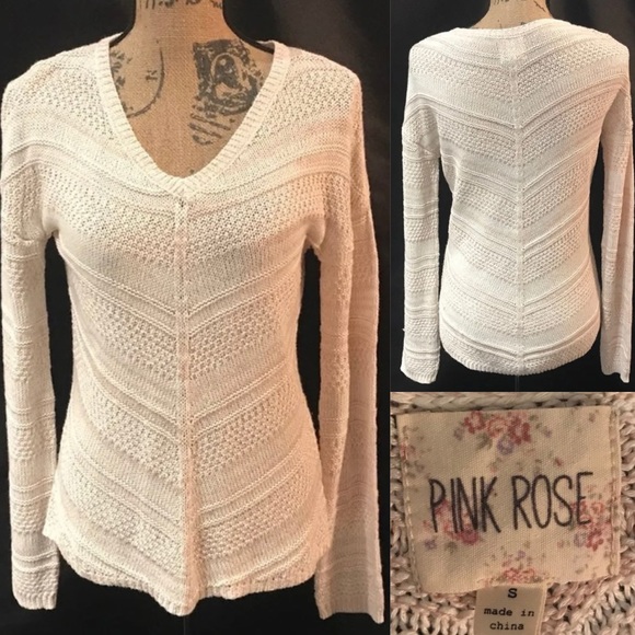 Vintage Pink Rose V-neck Cable Knit Sweater Jumper - Picture 4 of 4